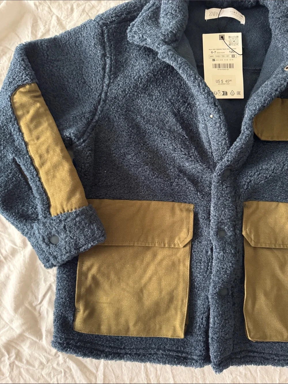 ZARA Kids Navy Sherpa Jacket with Contrast Tan Pockets NWT size 6-7